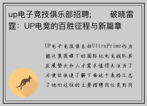 up电子竞技俱乐部招聘;⚡️ 破晓雷霆：UP电竞的百胜征程与新篇章